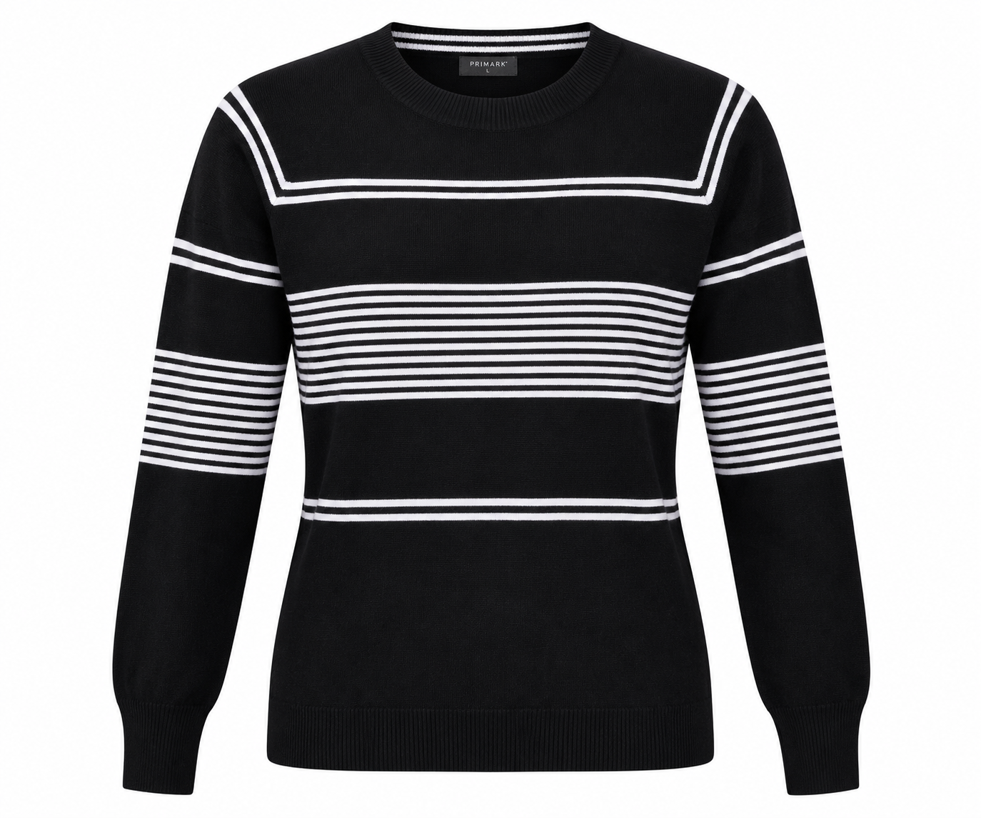 PRIMARK women’s black and white striped knit jumper in UK Size S. Stylish round-neck, long-sleeve design ideal for casual and everyday wear.