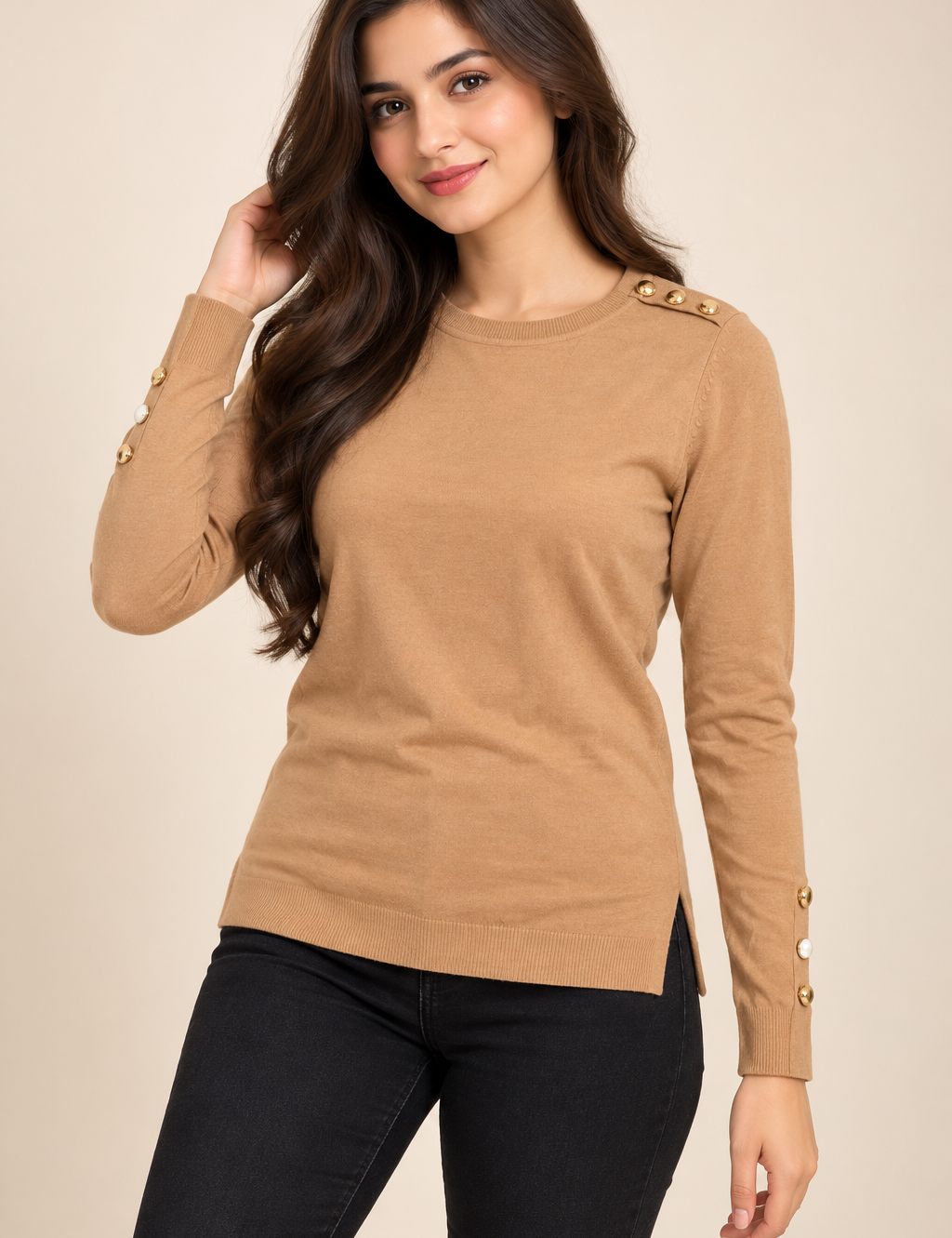  Primark women’s camel brown knit jumper in UK Size XS. Stylish crew neck with gold-tone button details. Quality UK customer return clothing.