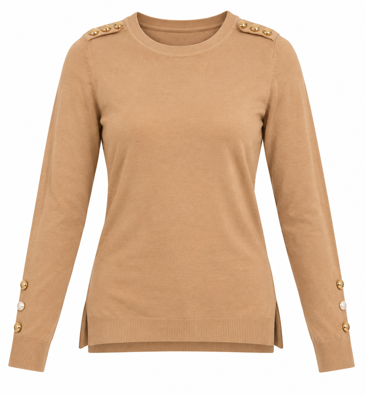  Primark women’s camel brown knit jumper in UK Size XS. Stylish crew neck with gold-tone button details. Quality UK customer return clothing.