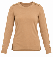  Primark women’s camel brown knit jumper in UK Size XS. Stylish crew neck with gold-tone button details. Quality UK customer return clothing.