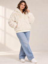 Primark Women Cream Faux Fur Hooded Zip-Up Jacket