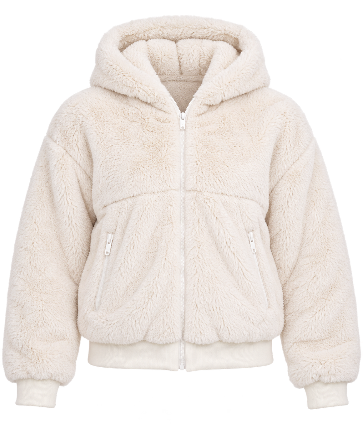 Primark Women's Cream Faux Fur Hooded Zip-Up Jacket in UK Size S. Soft, cosy teddy fleece with zip pockets, perfect for stylish winter wear.