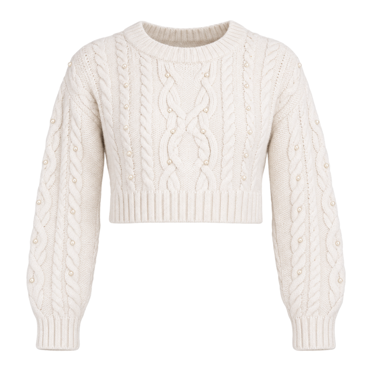   Primark women’s cream pearl cable knit cropped jumper in UK size 12–14. Cosy, stylish and perfect for casual winter looks.