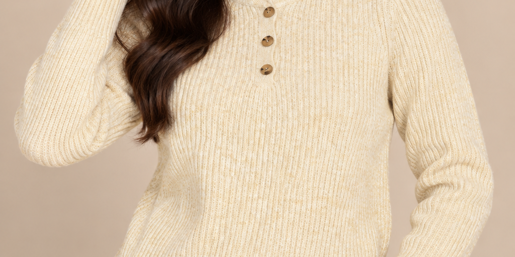 PRIMARK women’s cream ribbed high neck sweater in UK Size M. Features long sleeves, 3-button detailing and a cosy knit design for winter wear.