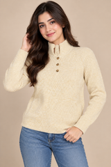 PRIMARK Women Cream Ribbed High Neck Button Sweater