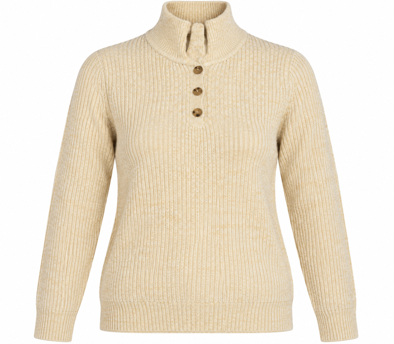 PRIMARK women’s cream ribbed high neck sweater in UK Size M. Features long sleeves, 3-button detailing and a cosy knit design for winter wear.