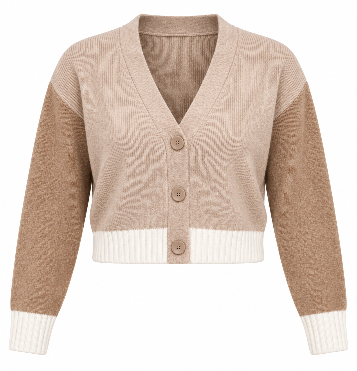  Primark women’s cropped cardigan in UK Size XS. Beige and camel knit design with cream ribbed trim, V-neck and button front. Stylish everyday layer.