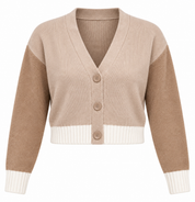  Primark women’s cropped cardigan in UK Size XS. Beige and camel knit design with cream ribbed trim, V-neck and button front. Stylish everyday layer.