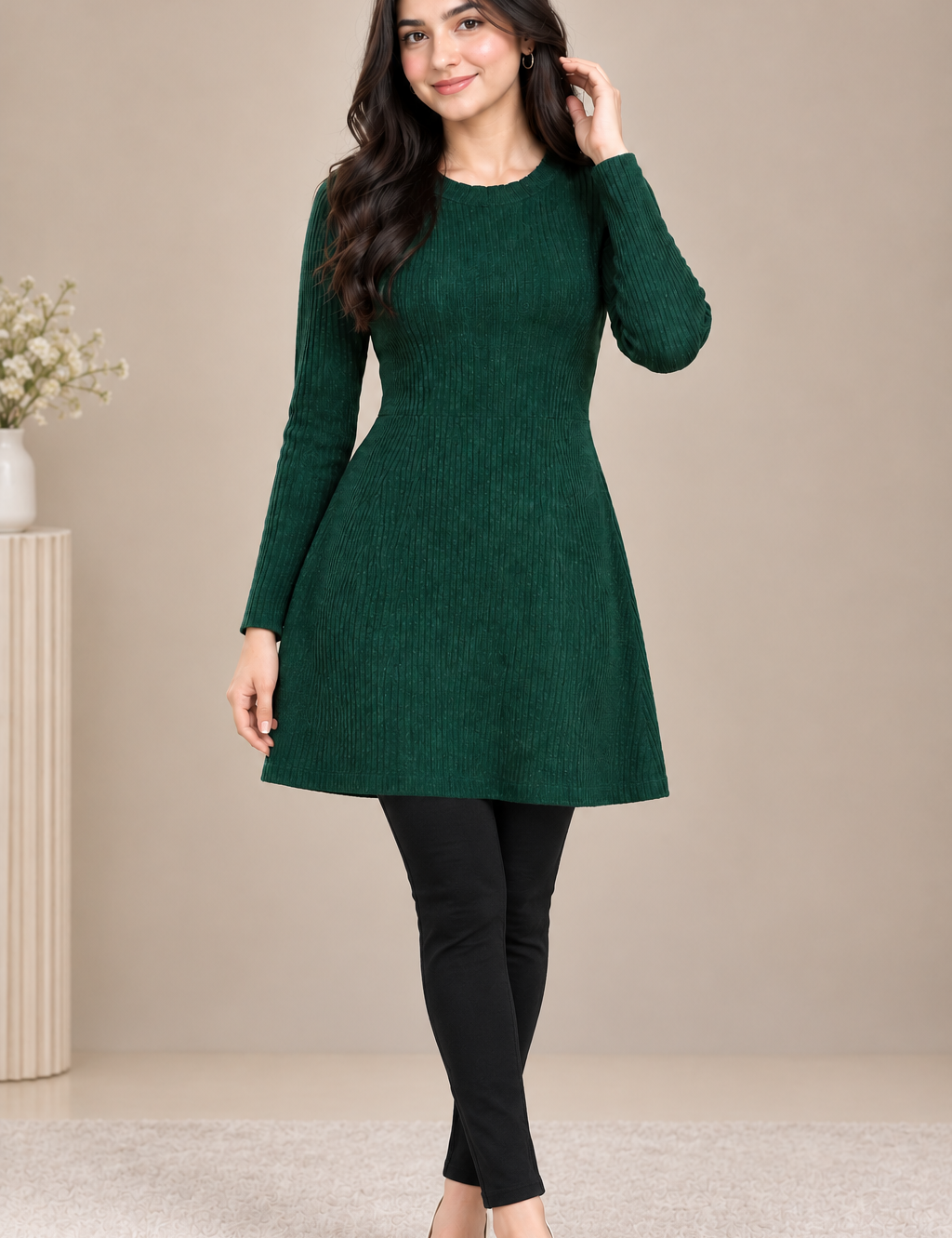 PRIMARK women’s dark green ribbed knit dress in UK XL. Long sleeve, round neck, above-knee style, perfect for casual and smart-casual wear.