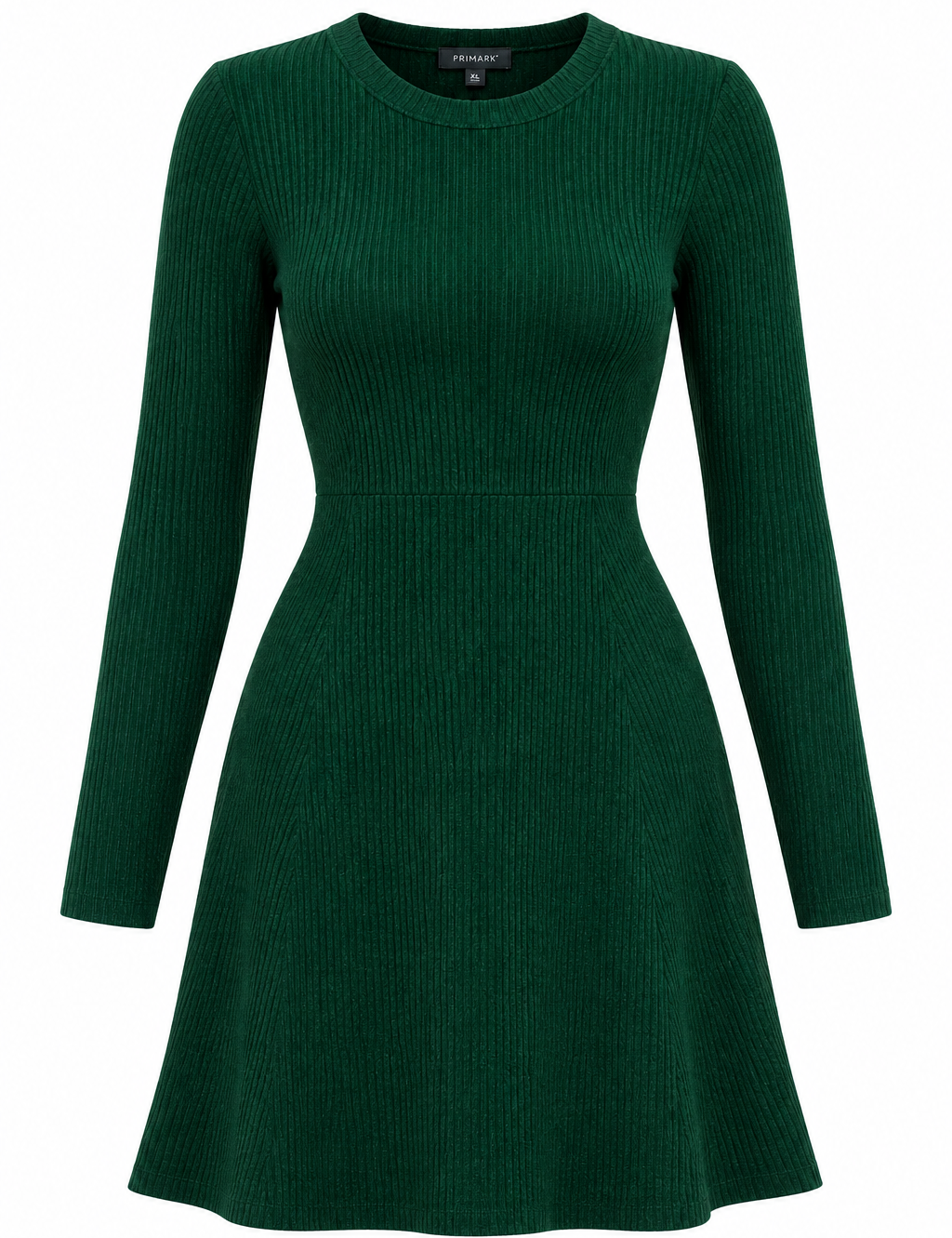 PRIMARK women’s dark green ribbed knit dress in UK XL. Long sleeve, round neck, above-knee style, perfect for casual and smart-casual wear.
