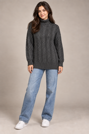  this Primark dark grey cable knit turtleneck jumper in UK size M. Cosy long-fit women’s winter knitwear, ideal for stylish everyday layering.