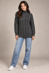 PRIMARK Women Dark Grey Cable Knit Turtleneck Jumper