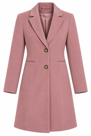 PRIMARK Women’s Dusty Pink Tailored Long Coat in UK Size L. Elegant two-button design with lapel collar and pockets, perfect for winter styling.