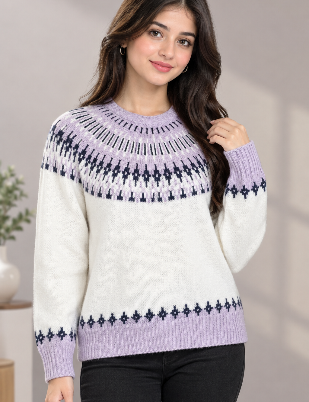 PRIMARK women’s Fair Isle knit jumper in cream, lavender and navy. UK Size M, cozy long-sleeve design with stylish patterned detailing. Rated 4 stars.