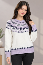 PRIMARK women’s Fair Isle knit jumper in cream, lavender and navy. UK Size M, cozy long-sleeve design with stylish patterned detailing. Rated 4 stars.