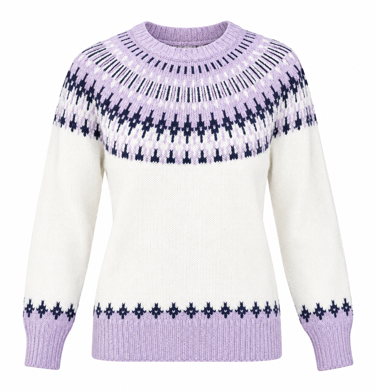 PRIMARK women’s Fair Isle knit jumper in cream, lavender and navy. UK Size M, cozy long-sleeve design with stylish patterned detailing. Rated 4 stars.
