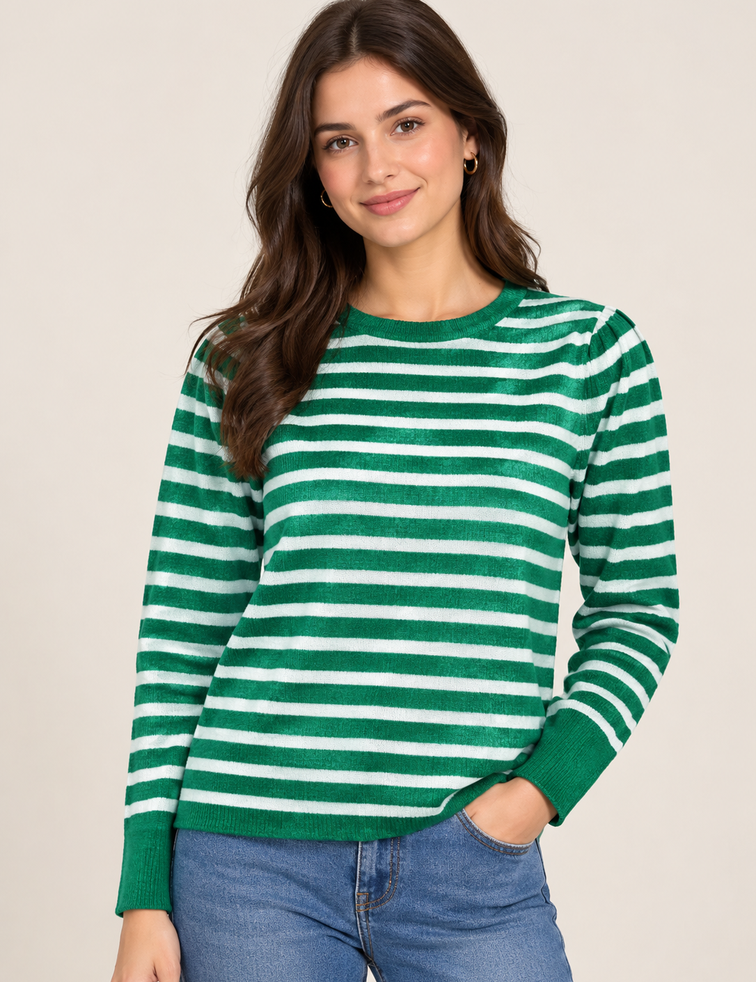 PRIMARK green and white striped long sleeve knit jumper in UK XL. A versatile casual jumper with a classic design for everyday wear.