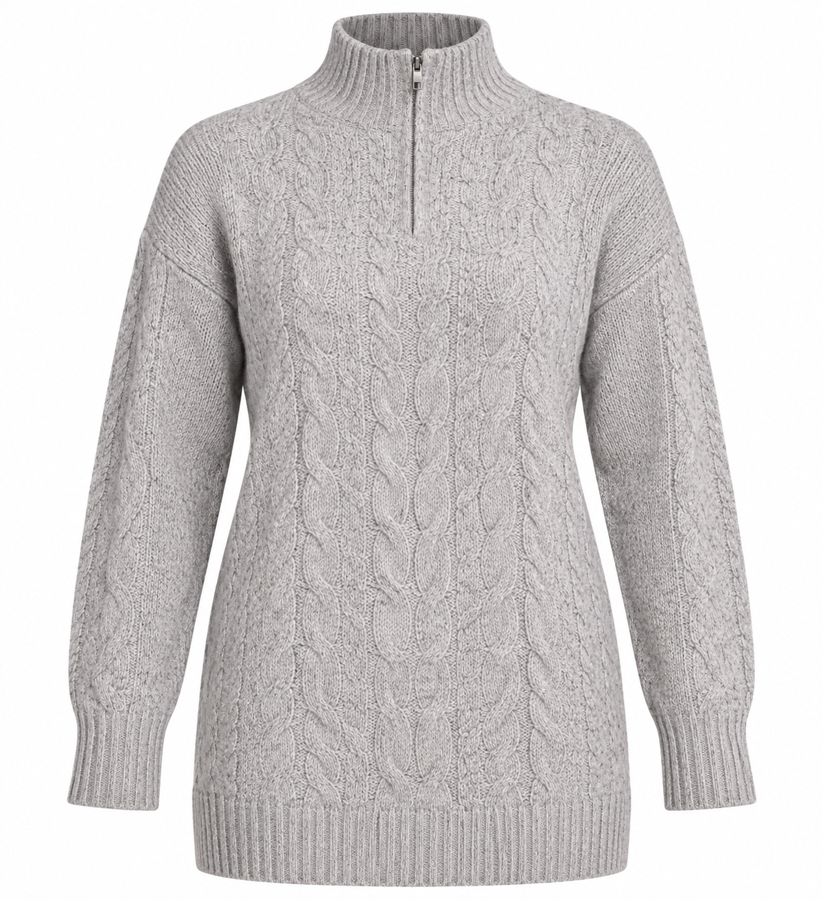 PRIMARK women’s grey cable knit half-zip sweater in UK Size XS. A cozy high-neck winter jumper with long sleeves and classic textured detailing.