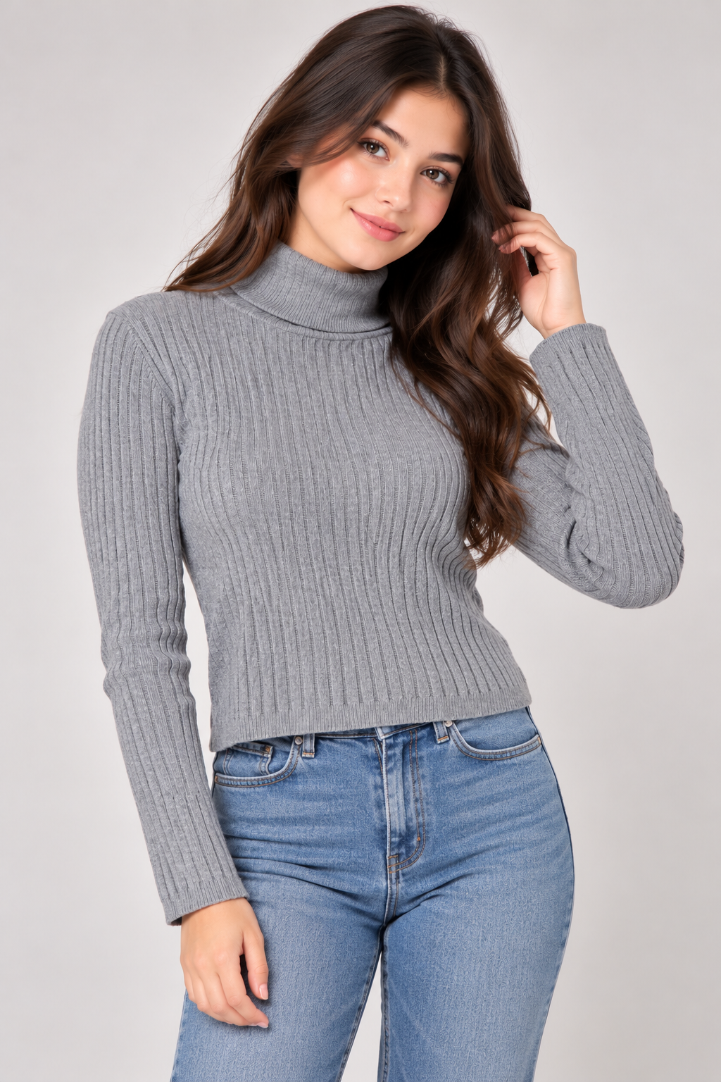 Primark Women's Grey Ribbed Roll Neck Jumper in UK Size S. Stylish slim-fit knit top with long sleeves, perfect for casual and winter wear.