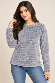 PRIMARK Women's Grey Plush Fleece Top in UK Size M. Soft, warm and cozy long-sleeve winter top, perfect for casual wear and everyday comfort.