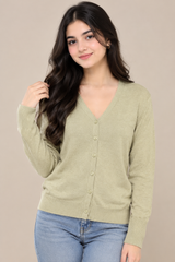PRIMARK Women Light Beige V-Neck Button Front Cardigan