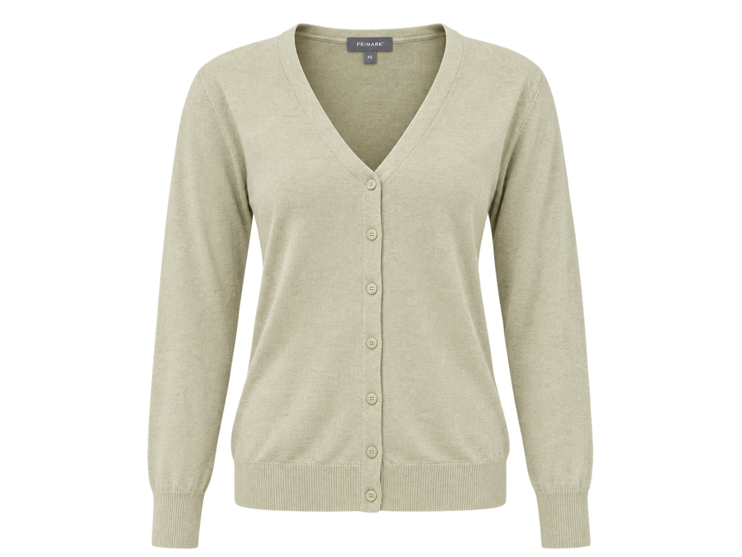 PRIMARK Women’s Light Beige V-Neck Button Front Cardigan in UK Size XS. Classic long-sleeve design with ribbed finish, perfect for everyday and smart-casual outfits.