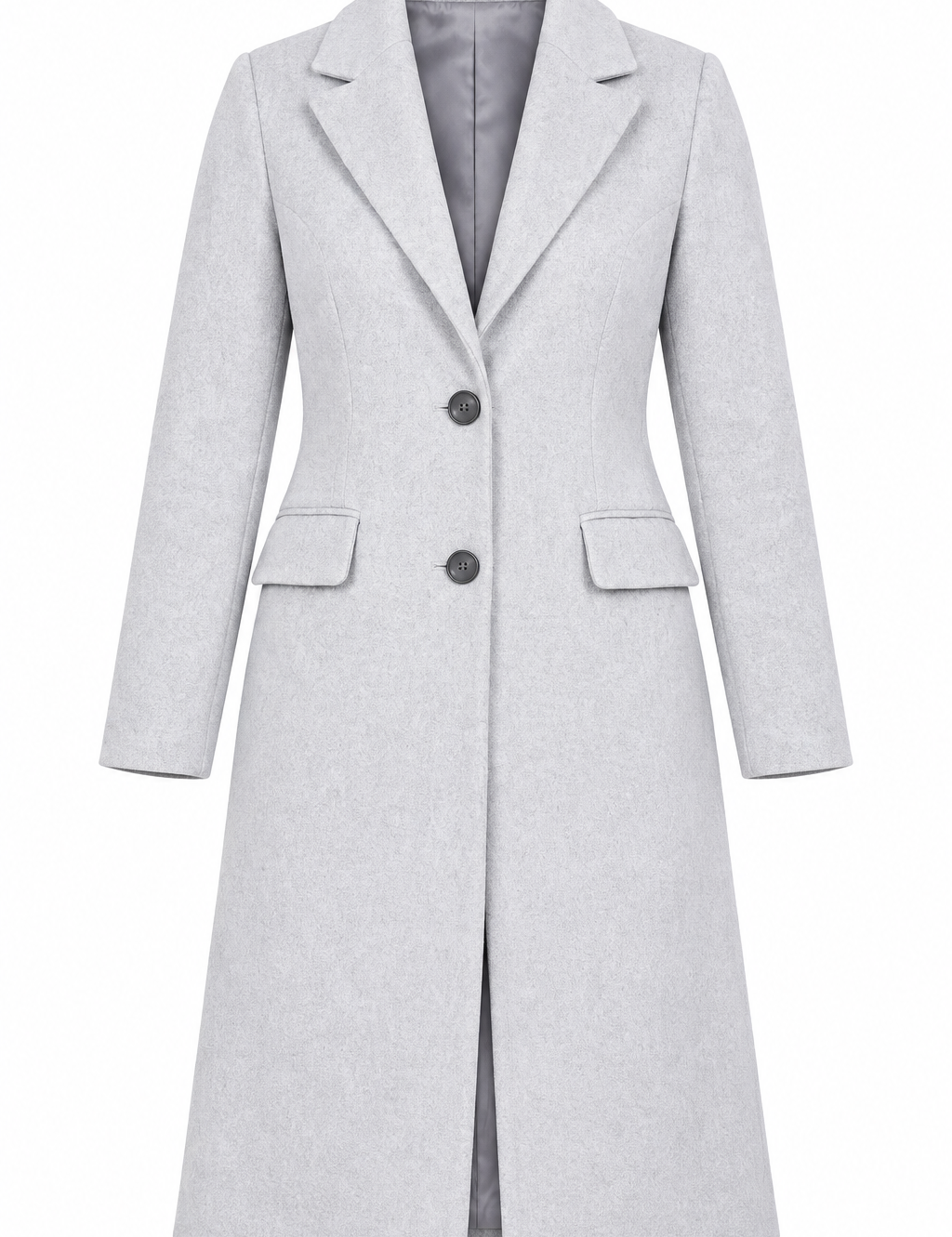  Primark Women’s Light Grey Tailored Long Coat in UK Size 6. Elegant button-front design with lapel collar and flap pockets. Rated 4 stars.