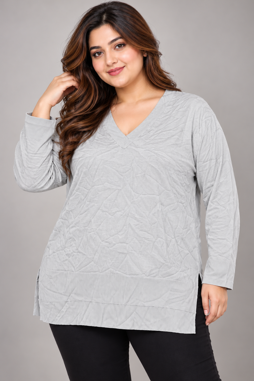 PRIMARK Women's Light Grey V-Neck Textured Tunic Sweater in UK Size 4XL. Stylish plus-size long sleeve top with relaxed fit and ribbed detailing.