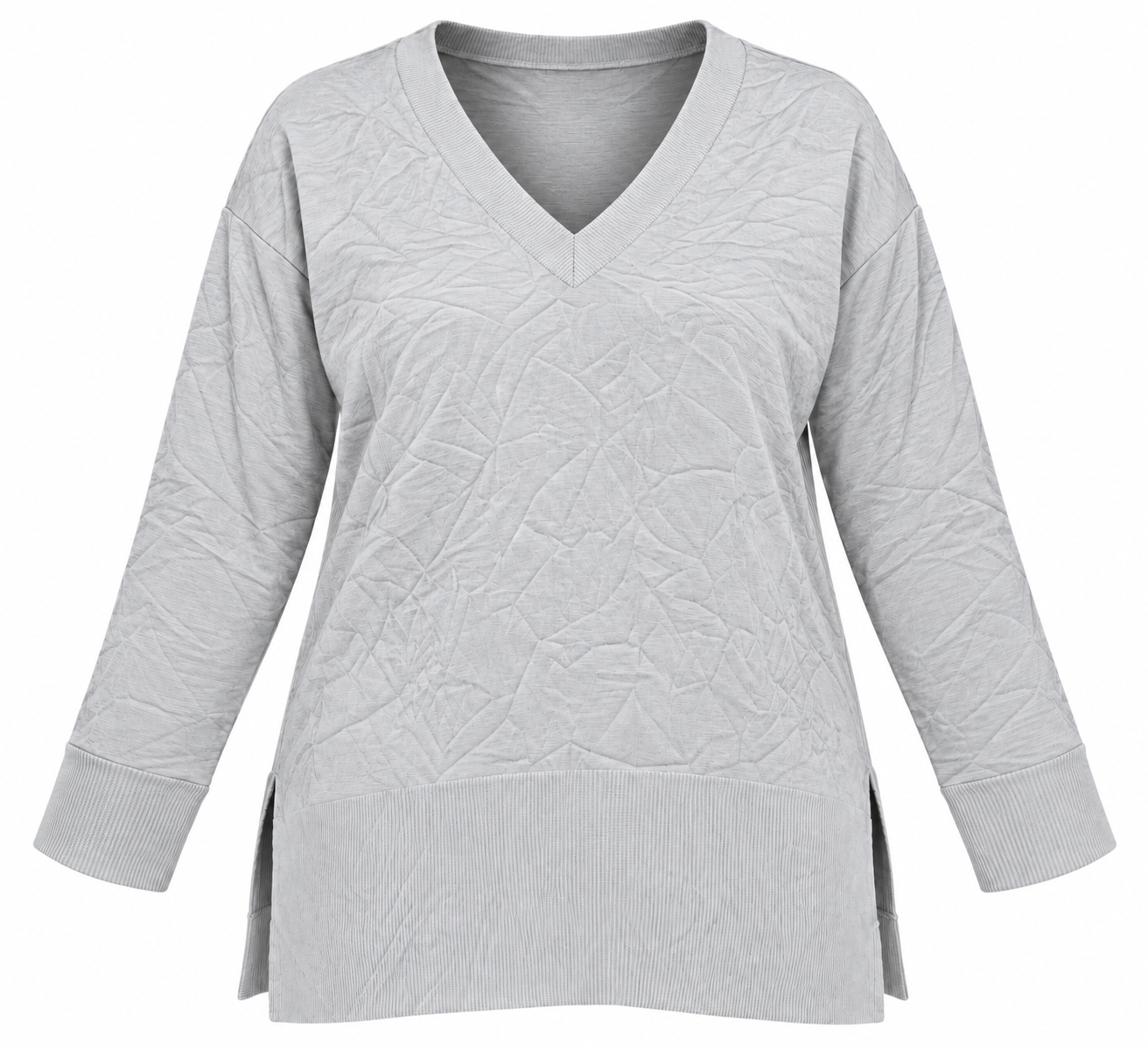 PRIMARK Women's Light Grey V-Neck Textured Tunic Sweater in UK Size 4XL. Stylish plus-size long sleeve top with relaxed fit and ribbed detailing.