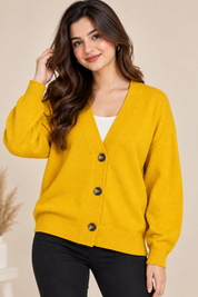 PRIMARK women’s mustard yellow V-neck button-up knitted cardigan in UK Size XL. A comfortable, versatile layering piece for casual and everyday wear.

