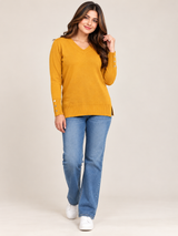 PRIMARK Women Mustard Yellow V-Neck Knit Jumper with Button Cuffs