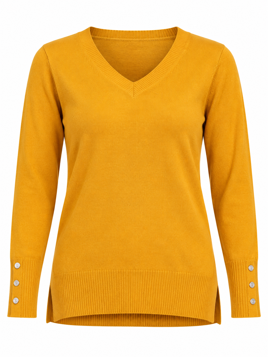  PRIMARK Women's Mustard Yellow V-Neck Knit Jumper in UK Size XL. Stylish button cuffs, ribbed hem and comfortable everyday style.