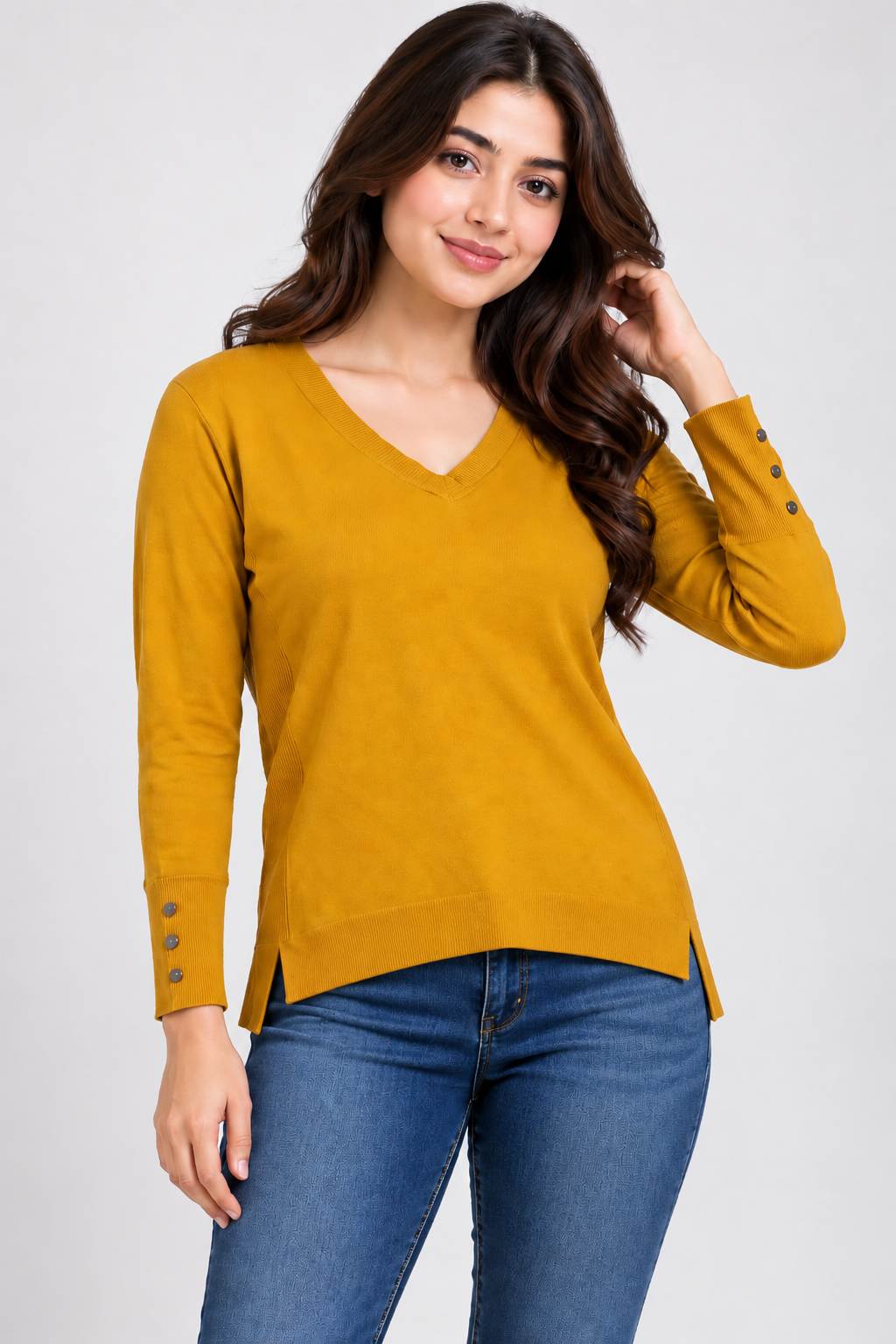 PRIMARK women’s mustard yellow V-neck knit jumper in UK Size M. Features long sleeves, button cuffs and ribbed detailing for a stylish everyday look.