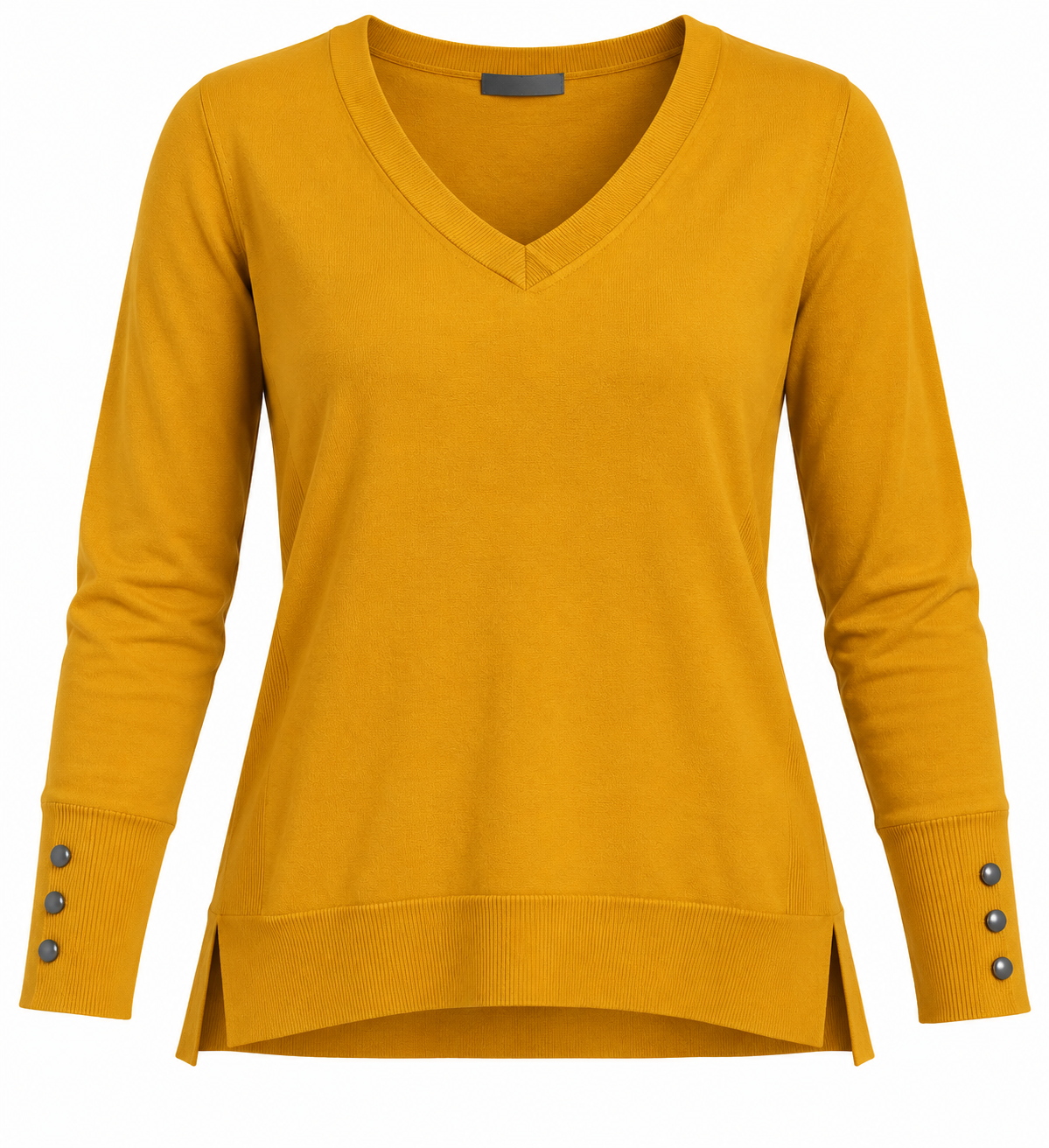 PRIMARK women’s mustard yellow V-neck knit jumper in UK Size M. Features long sleeves, button cuffs and ribbed detailing for a stylish everyday look.