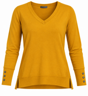 PRIMARK women’s mustard yellow V-neck knit jumper in UK Size M. Features long sleeves, button cuffs and ribbed detailing for a stylish everyday look.