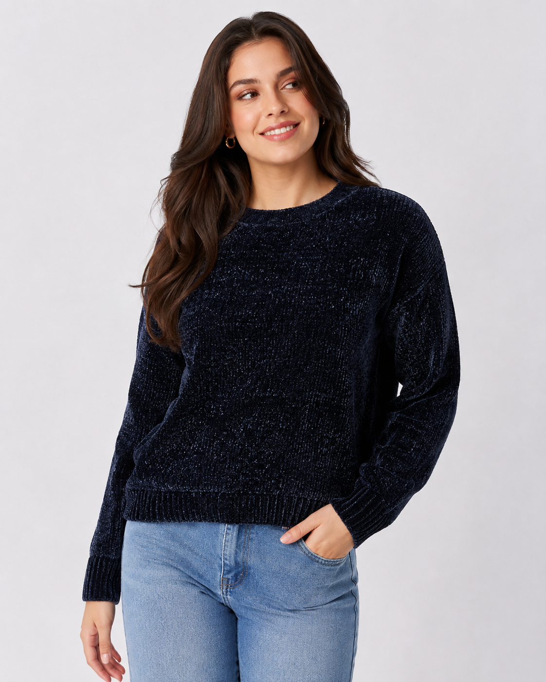  Primark Women's Navy Textured Knit Jumper, UK Size M. Classic crew neck, long sleeves and ribbed detailing make it perfect for casual everyday styling.