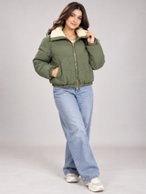 PRIMARK Women Olive Green Quilted Puffer Jacket with Sherpa Collar