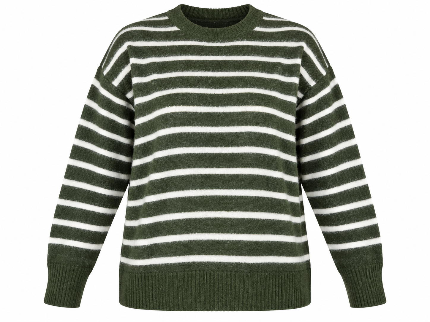 Primark Women's Olive Green & White Striped Knit Jumper in UK Size 4XL. Cozy textured knit, crew neck and relaxed plus-size winter style.