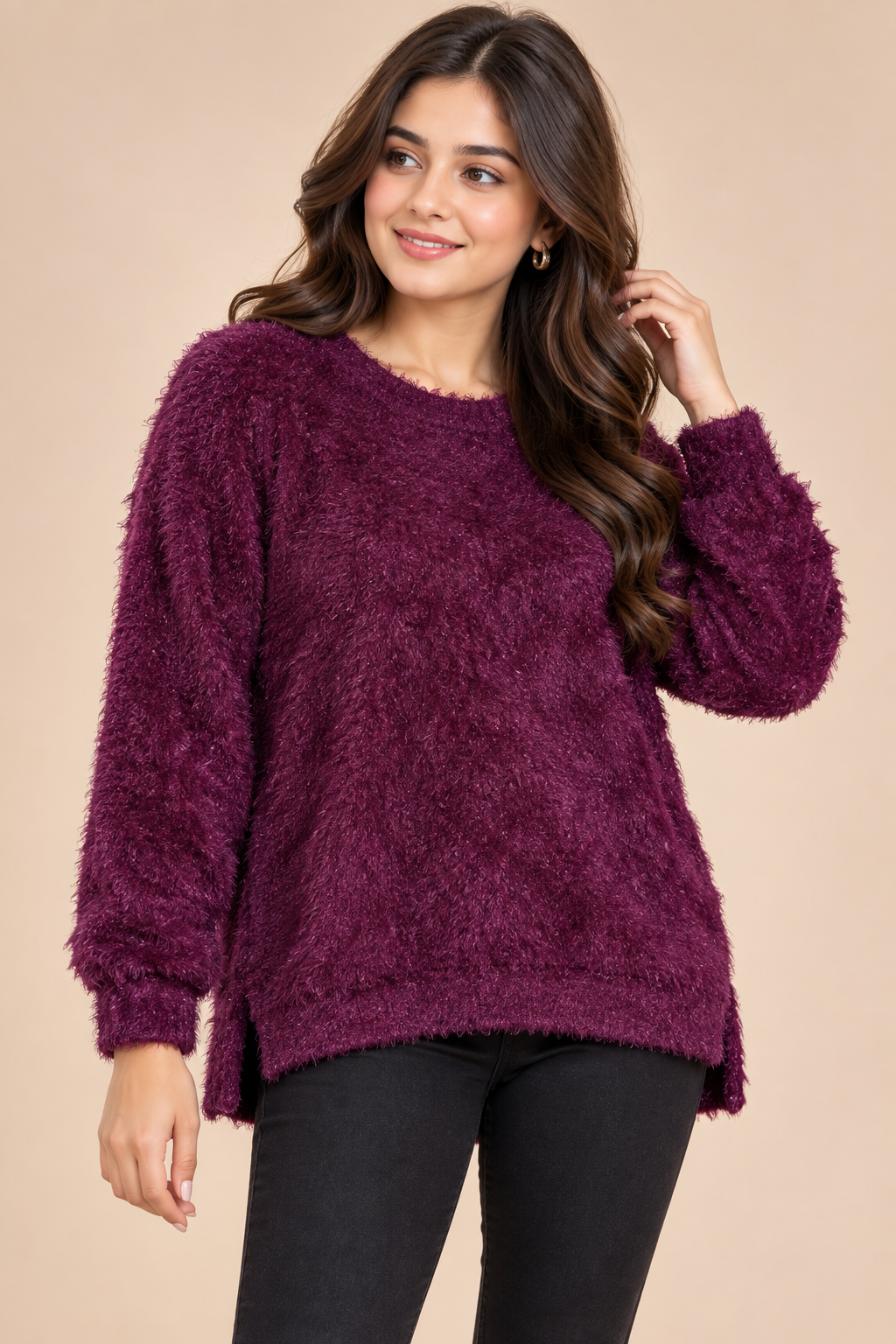  this women’s plum purple fluffy sweater in UK Size M, featuring a soft fuzzy texture, high-low hem, side slits and comfortable relaxed fit.