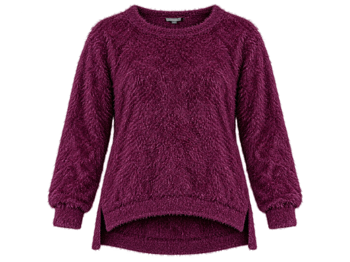  this women’s plum purple fluffy sweater in UK Size M, featuring a soft fuzzy texture, high-low hem, side slits and comfortable relaxed fit.