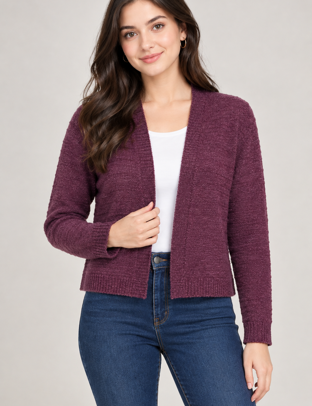  PRIMARK women's plum-purple knit cardigan in UK size M. Open-front design with long sleeves, textured knit finish and ribbed trim.
