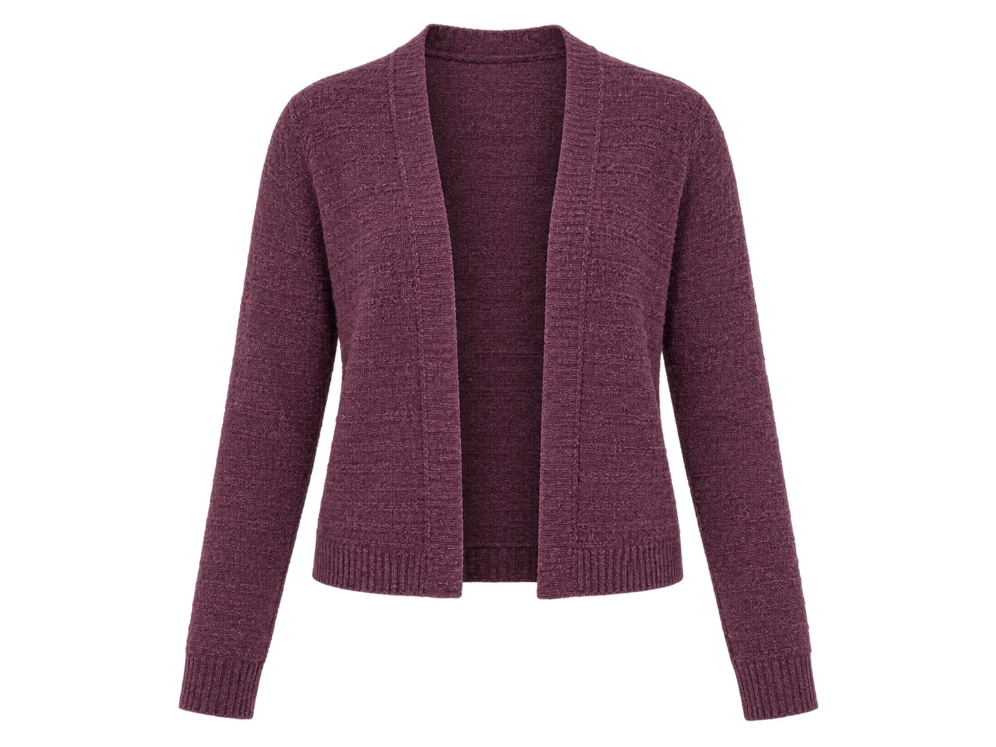  PRIMARK women's plum-purple knit cardigan in UK size M. Open-front design with long sleeves, textured knit finish and ribbed trim.