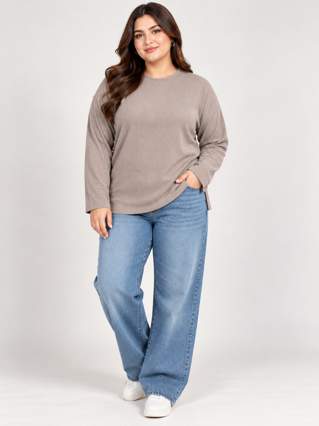 PRIMARK Women's Taupe Beige Ribbed Crew Neck Long Sleeve Top in UK Size 3XL. Relaxed fit, straight hem and stylish everyday plus-size fashion.