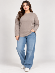 PRIMARK Women's Taupe Beige Ribbed Crew Neck Long Sleeve Top in UK Size 3XL. Relaxed fit, straight hem and stylish everyday plus-size fashion.