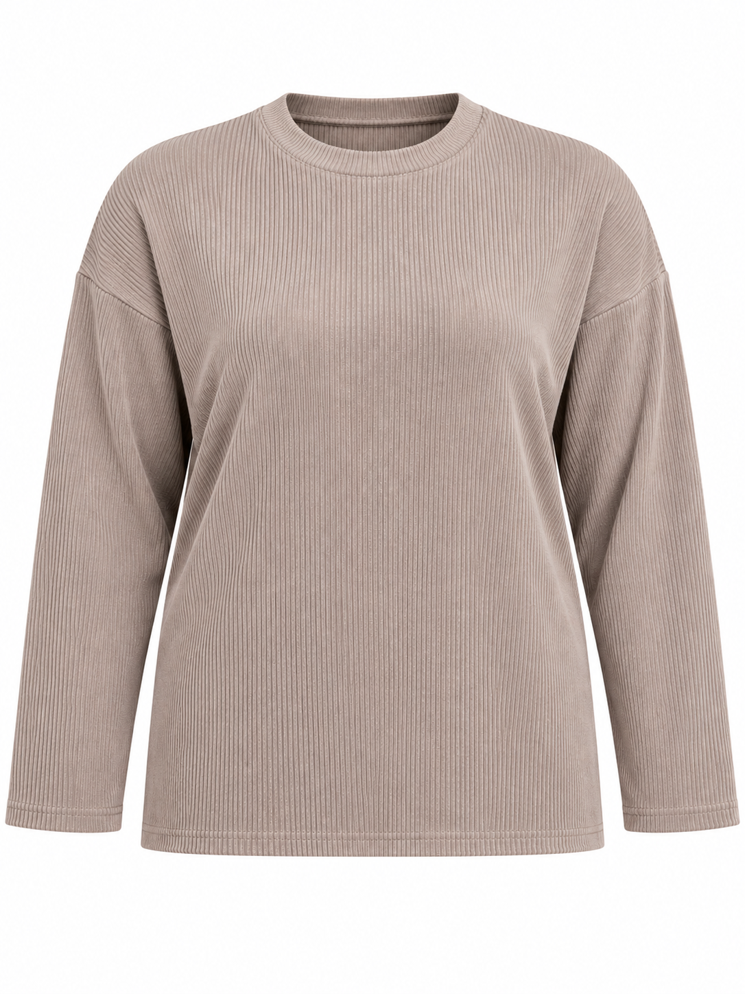 PRIMARK Women's Taupe Beige Ribbed Crew Neck Long Sleeve Top in UK Size 3XL. Relaxed fit, straight hem and stylish everyday plus-size fashion.