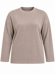 PRIMARK Women's Taupe Beige Ribbed Crew Neck Long Sleeve Top in UK Size 3XL. Relaxed fit, straight hem and stylish everyday plus-size fashion.