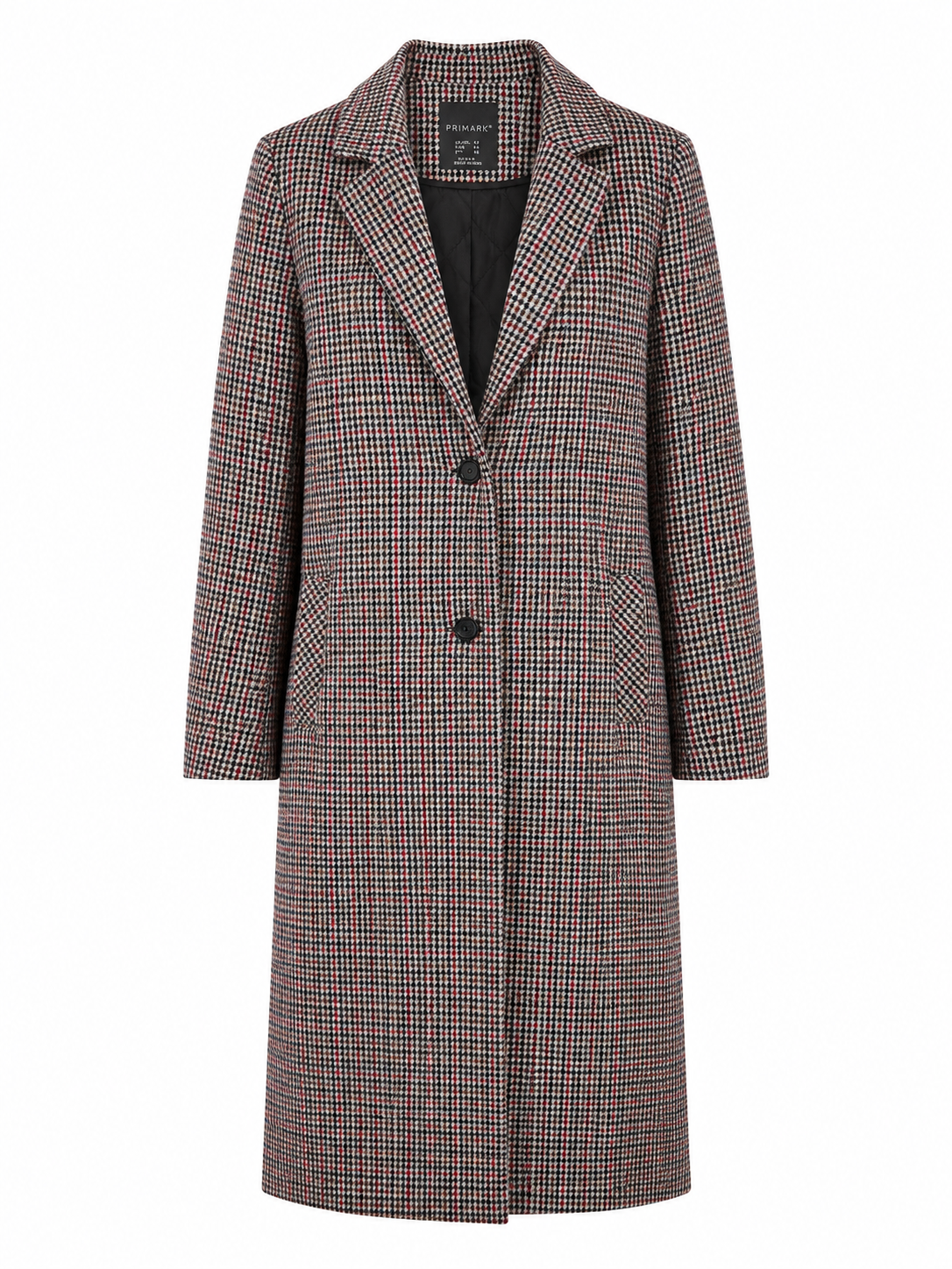  PRIMARK women’s houndstooth check longline coat in UK size 8. Stylish tailored design with button fastening, lapel collar and practical pockets.