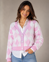 PRIMARK Women’s Pink & White Argyle Cardigan Sweater