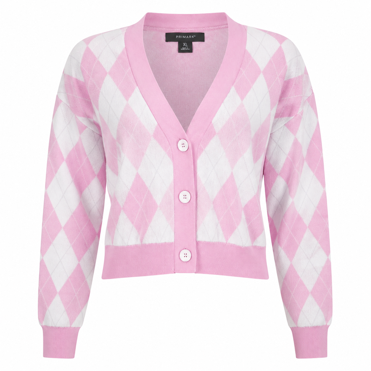 PRIMARK Women’s Pink & White Argyle Cardigan in XL. Stylish button-front design with long sleeves and ribbed trims, perfect for casual layering.