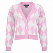 PRIMARK Women’s Pink & White Argyle Cardigan in XL. Stylish button-front design with long sleeves and ribbed trims, perfect for casual layering.